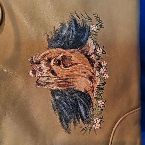 Vintage, New FS Originals Leather Hand Painted Yorkie by Mikki Purse Caramel - Picture 3 of 14